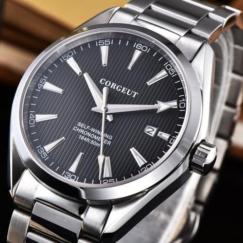 41mm black dial Corgeut men watch Automatic Mechanical Sapphire crystal bracelet 316ss steel band mechanical wristwatch mens