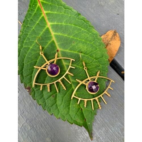 Amethyst All Seeing Eye Earrings, faceted diamond amethyst, golden brass eye, statement, unique