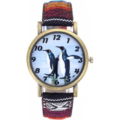 Penguin Pattern Antarctic Animal King Penguins Fashion Casual Men Women Canvas Cloth Strap Sport Analog Quartz Watch