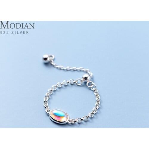 Modian 100% 925 Sterling Silver Rainbow Oval Crystal Chain Adjustable Finger Ring For Women Wedding Charm Luxury Fine Jewelry