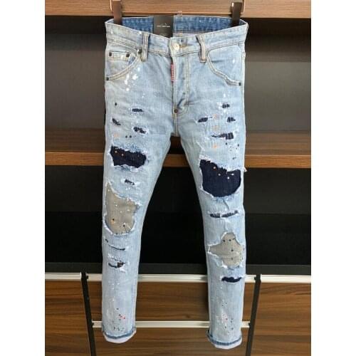 Authentic Classic DSQUARED2 Mens Straight Jeans Tight Leg Motorcycle Rider Hole Paint Male Jeans 9639