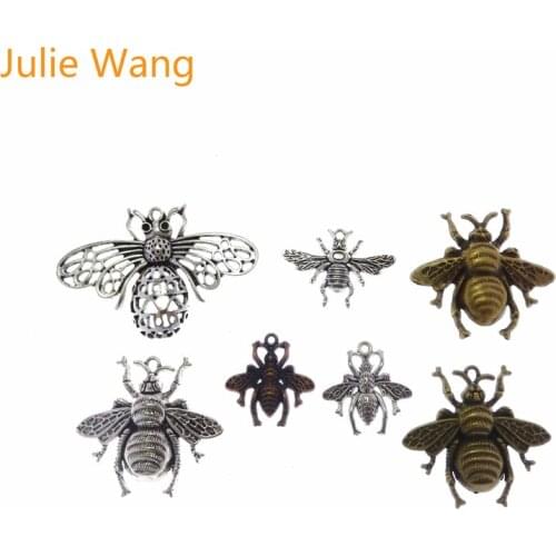 Julie Wang 7pcs Mixed Bees Shape Charms Antique Colors Alloy Suspension Necklace Pendants Jewelry Making Accessory