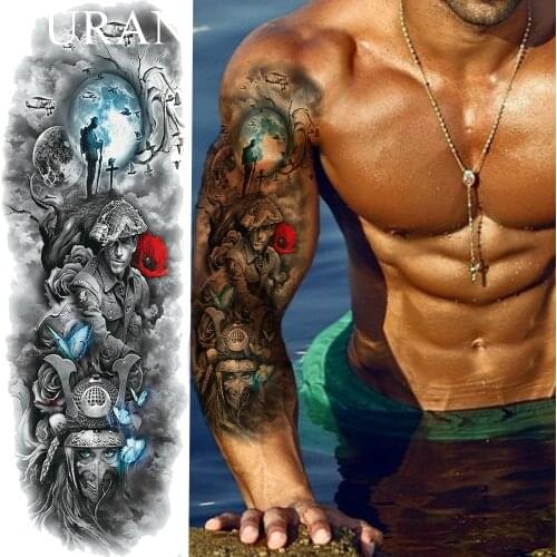Muscular Man Full Arm Temporary Tattoo Stickers Blue Moon Warrior Waterproof Tattoo Women Legs Decal Tatoos Earth Pirate Captain