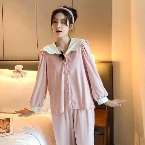 Women Autumn And Winter New Skin-Friendly Velvet Long-Sleeved 2pcs Sleepwear Pajamas Set Homewear Nightie Two Piece Pajama Suit