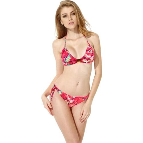 Colloyes Sexy Women Red Floral Bikini Halter Top Swimsuit Thong String Ladies Swimwear Dazzle Beachwear Goldtone Hardware Decor