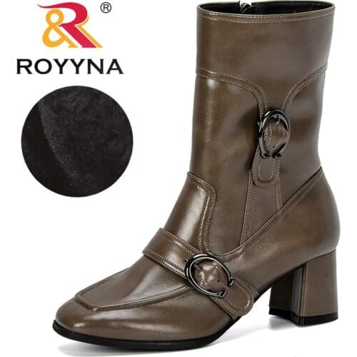 ROYYNA 2019 New Designer Mid-Calf Boots For Women Zippers Buckle Boots Women Winter Warm Plush Women Boots Street Style Shoes
