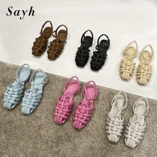 Women Retro Sandals Flats Hollow Out Casual Shoes Summer Buckle Sandals Ankle Strap Weave Gold Shoes Rome Shoes