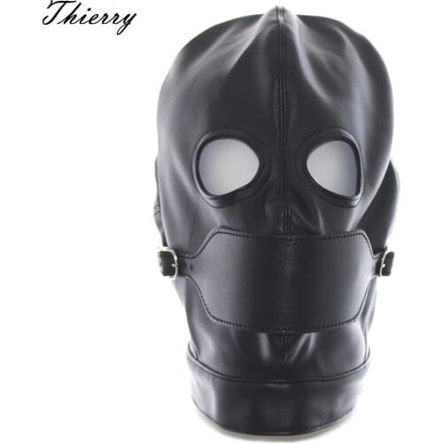 Thierry fetish sensory deprivation bondage head hood with open eyes and ball gags, sex toys for couples adult game roleplay