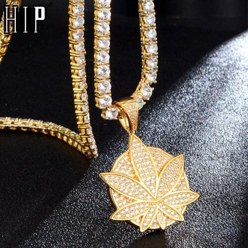 Hip Hop Bling CZ Hemp Leaf Iced Out Cubic Zircon Necklaces & Pendants For Men Jewelry Charm Tennis Chain