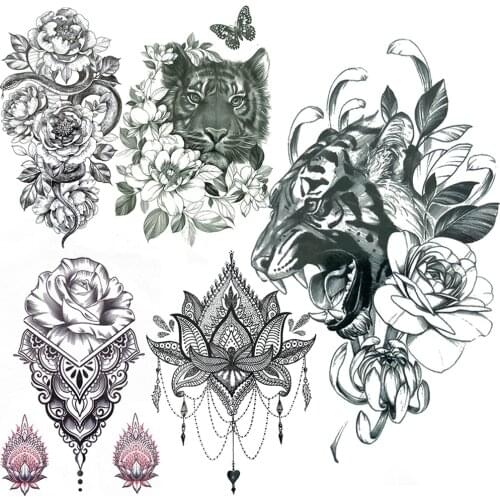 Tiger Peony Flower Temporary Tattoos For Women Men Black Snake Daisy Fake Tattoo Sticker Fake Jewelry Buddha Lotus Tatoos Chest