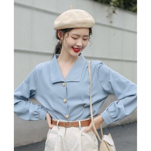 Womens Blouses Loose Shirt ladies Long Sleeve tops Simple Feminine Blusa Autumn Office Lady Solid Puff Sleeve Turn-down Collar