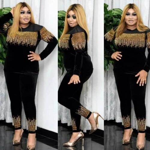 Women Sets African Clothing Gold Velvet Hot Drilled Slim Long-Sleeved T-Shirt + Casual Trousers Two-Piece Set Of 2021 Autumn New