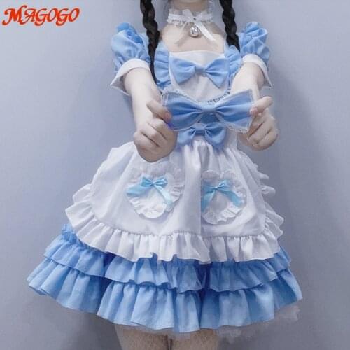 MAGOGO Women Maid Outfit Lolita Dress Cute Blue White Apron Dresses Cosplay Costumes Bow Sweet Japanese 3Colors Size S-XL