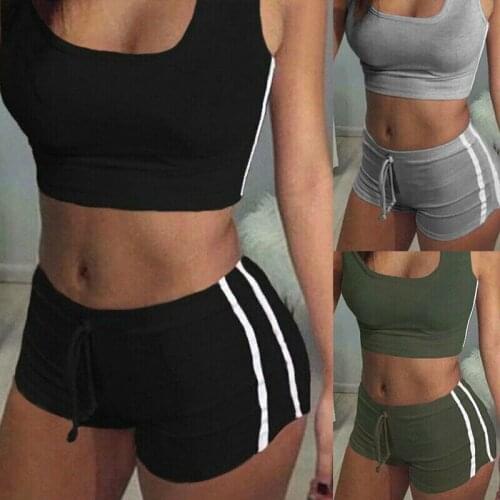 2Pcs Tracksuit Set Womens Workout Jogger Bra Crop Tank Top Vest+High waist Shorts Striped Running Gym Sports Clothes Suit