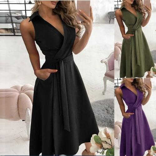 Summer dress 2021 Womens Casual Loose Bandage Sleeveless Solid V-Neck Ankle-Length Dress casual dress Maxi dress платья