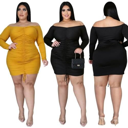 Slash Neck Women Plus Size Party Dresses Charming Full Sleeve Shirring Lace-up Drawstring Pure Color Knee-length Autumn Dress