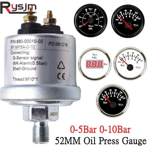 Car Oil Pressure Gauge Sensors Modified 0-5bar 0-75psi Universal 52mm Oil Pressure Meters 0-10bar 0-145psi M10x1 NPT1/8 for Boat