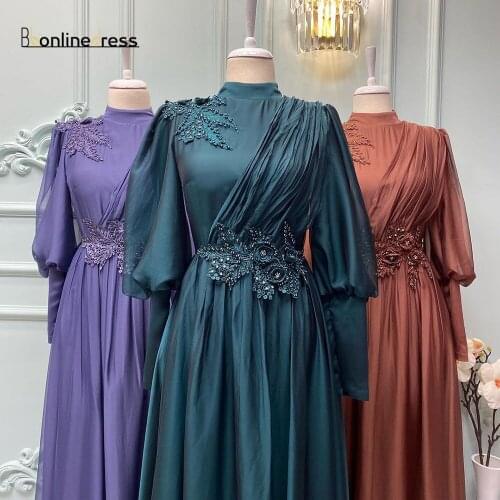 Bbonlinedress Arabic Dubai Caftan Evening Dresses Embroidery High Waist Evening Dress Bishop Sleeve Marocain Muslim Formal Dress