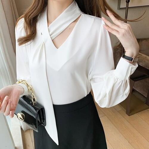 2021 New Summer Autumn White V-Neck Chiffon Blouse Shirt Women Korean Loose Elegant Fashion BlousesTops Simple Blusas