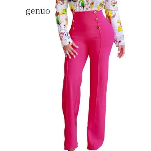 High waist double buttons long pants Women solid wide leg pants Elegant office ladies workwear pants Autumn maxi trousers