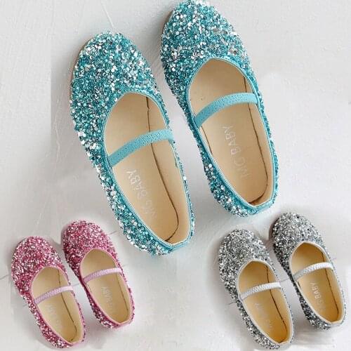 Kids Girls Blue Silver Crystal Princess Shoes Little Baby Sequined Glitter Non-Slip Wedding Party Childrens Leather Shoes New