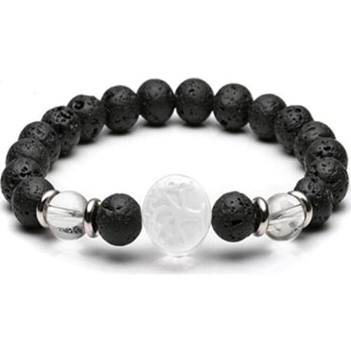 FYJS Unique Natural Rock Crystal Engraved Tree of Life Connect 8 mm Round Beads Black Lava Stone Bracelet Temperament Jewelry