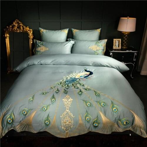38Chic embroidery luxury Bedding set queen king size Duvet cover Bed sheet set 600TC egyptian cotton soft fabric peacock pattern