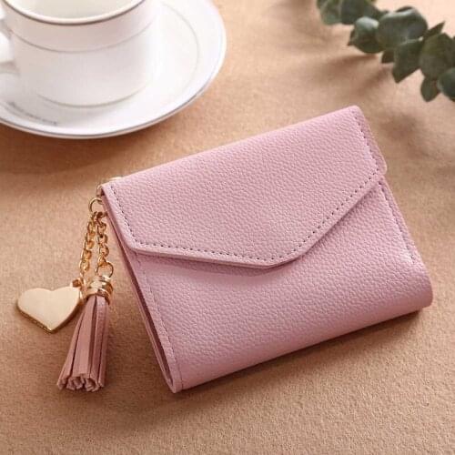 2021 Pu Leather Wallet Women Cute Pink Wallets Pocket Purse Wallet Lady Female Fashion Coin Cards Holder Tassel Chain Money Bag