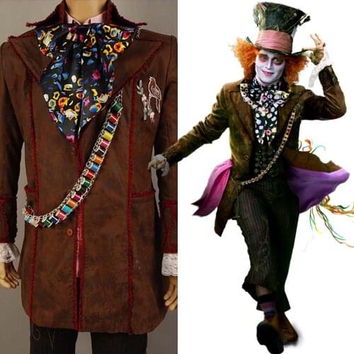 Fast delivery Alice Movie In Wonderland Mad Cosplay Hatter Costume men Jacket Pant Suit Halloween Carnival Costumes Xmas gift