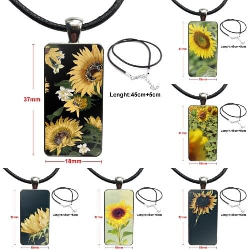 Beautiful Sunflower Diy Luxury Glass Cabochon Choker Pendant Rectangle Necklace Stainless Steel Color Jewelry For Women Party