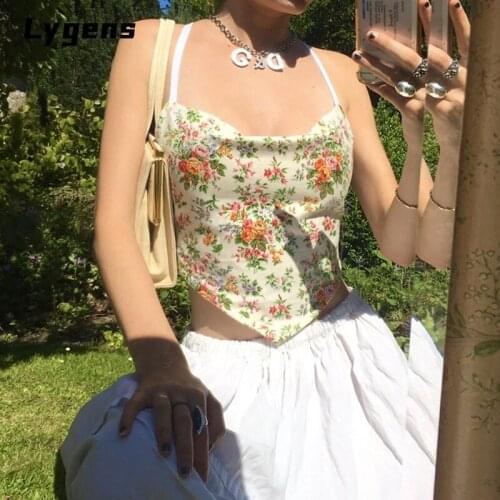 Lygens Backless Crop Tank Top Halter Strap Sleeveless Mini Girls Flora Milk Pringting Colors Sexy Club Fashion Clothing Y2K