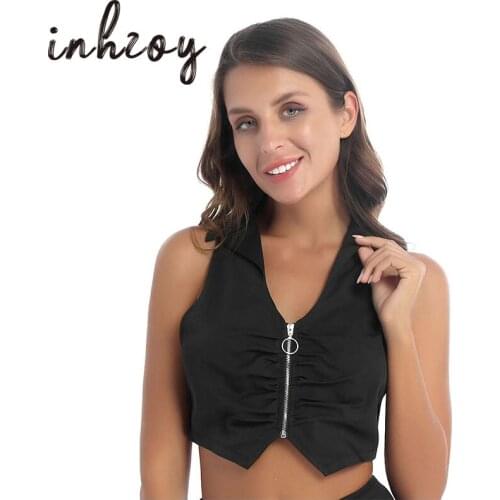 Sexy Lapel Deep V-Neck Sleeveless Crop Top Women Girls Summer Fashion Slim Fit Front Zipper Ruched Tank Tops Streetwear Clubwear