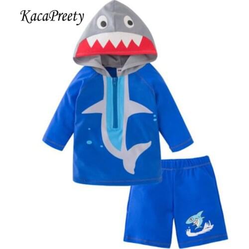 Boys swimwear summer cartoon shark design long sleeve swimsuit with hat children bathing suit Biquini infantils