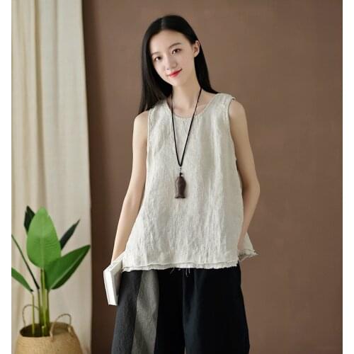 Women Summer Linen Tanks Ladies Sleeveless Tank tops Solid Color Ripped Tops 2019 Shirt Round Neck Shirts