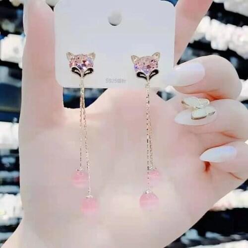 Fashion exquisite fox mask earrings pink opal pendant tassel animal womens earrings Korean Elegant Women jewelry