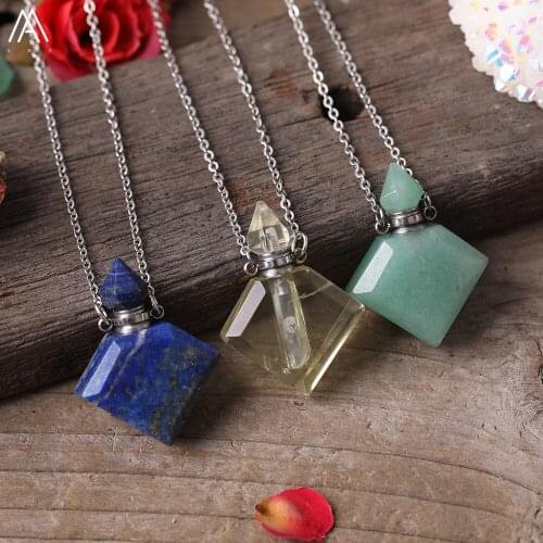 Fashion Women Natural Stone Essential Oil Jewelry,Lapis Lemon Quartz Fluorite Perfume Bottle Pendant Necklace For Women Jewelry