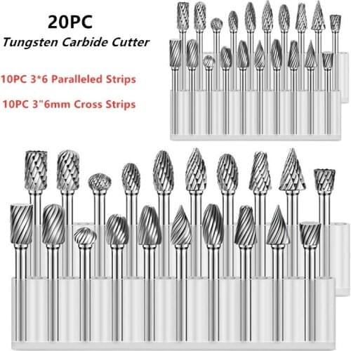 20pcs 3mm Shank Tungsten Carbide Rotary Files Burrs Set for Dremel Accessories Milling Cutter Drill Bit Engraving Bits Carving
