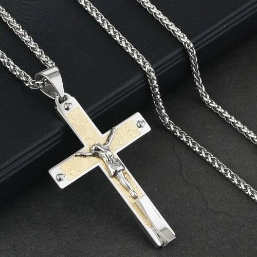 Stainless Steel JESUS Piece Cross Pendant Necklace Metal Link Chains Religious Crucifix Jewelry Mens Gifts bijoux colars NC129