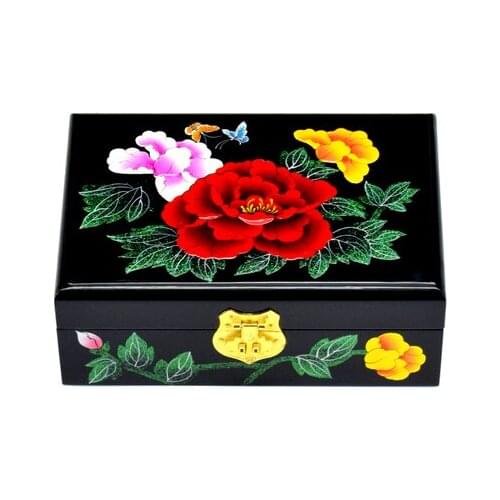 NEW Chinese handmade classic wooden lacquer & peony jewelry box 2 layers