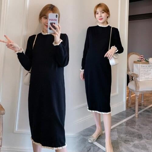 Autumn Black Knitted Maternity Long Dress Elegant Slim Clothes for Pregnant Women Fall Korean Fashion Pregnancy Dress