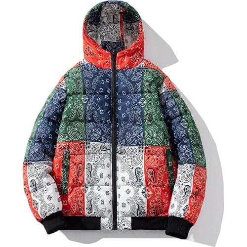 Streetwear Warm Parkas Men cashew flower Print Patchwork Winter Jacket men Harajuku Hip Hop Men Loose Thick Hooded Parka Jacket