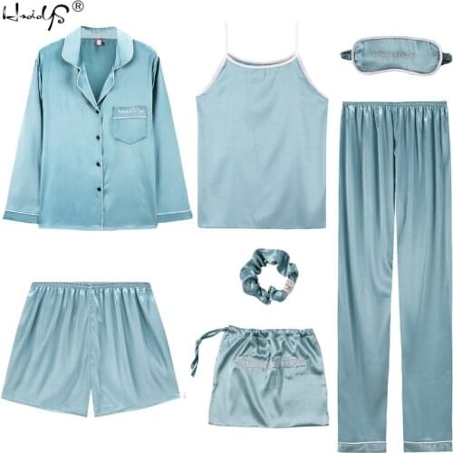 Women 7 Pieces Pajamas Sets Stripe Printing Satin Silk Pajamas Womens Sleepwear Lovely Home Clothing Long And Short Pijama