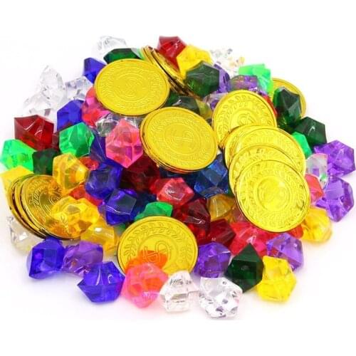 Plastic Gold Coin Party Pirate Game Captain Crystal Purple Green Jewelry Diamond Treasure Box Acrylic Gems Boy Childrens Toy