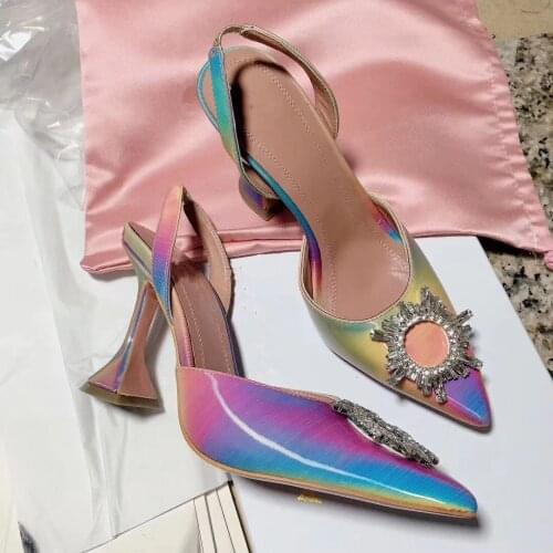 Rainbow Slingbacks Heels Rhinestone Pumps Women Crystal Buckle Summer Talon Femme Pointy Tacones Mujer Stilettos Ladies Shoes