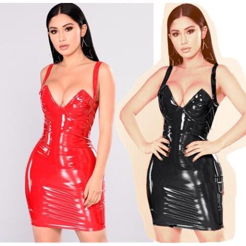 Plus Size Women Dresses 6XL Sexy Bra Style PVC Wet Look Mini Dress Sleeveless Leather New Bodycon Clubwear Dress