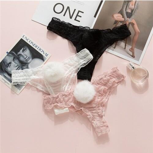 Sexy Lace Panties Cute Rabbit Tail Womens Underpants Breathable Transparent Underwear Comfort Thong Low Rise G-string
