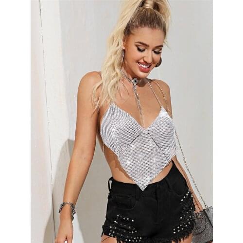 Sexy low-cut halter metal sequins halter V-neck halter diamond chain sling deep V umbilical vest