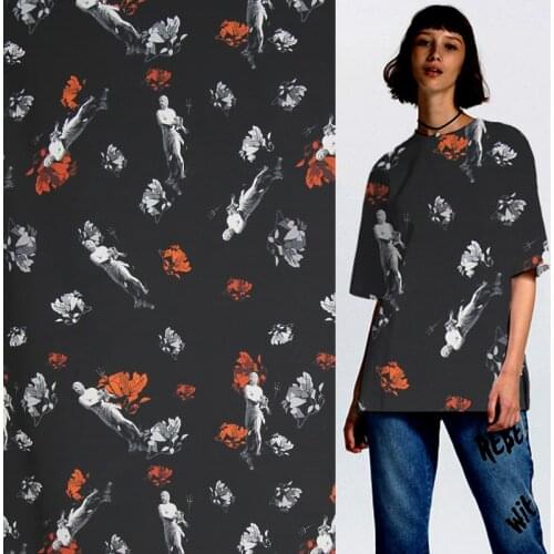 Silk and cotton blended fabric statue and floral design on black bottom,SCT463