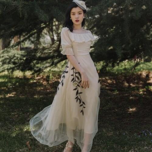 SWEETXUE Vintage Fairy Embroidery Long Party Dress Female Elegant Summer 2021 Fashion Sweet Chic Dress Female Vestido Mujer