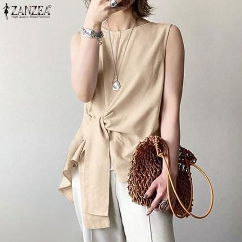 ZANZEA Stylish Women Summer Sleeveless Tanks Tops Fashion Solid Office Blouse Elegant Female Lace Up Work Vest Blusas Chemise
